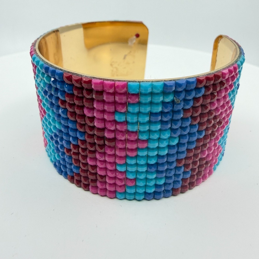 Boho Beaded Cuff Bracelet - Gold Tone Wide Statement with Mosaic Pattern